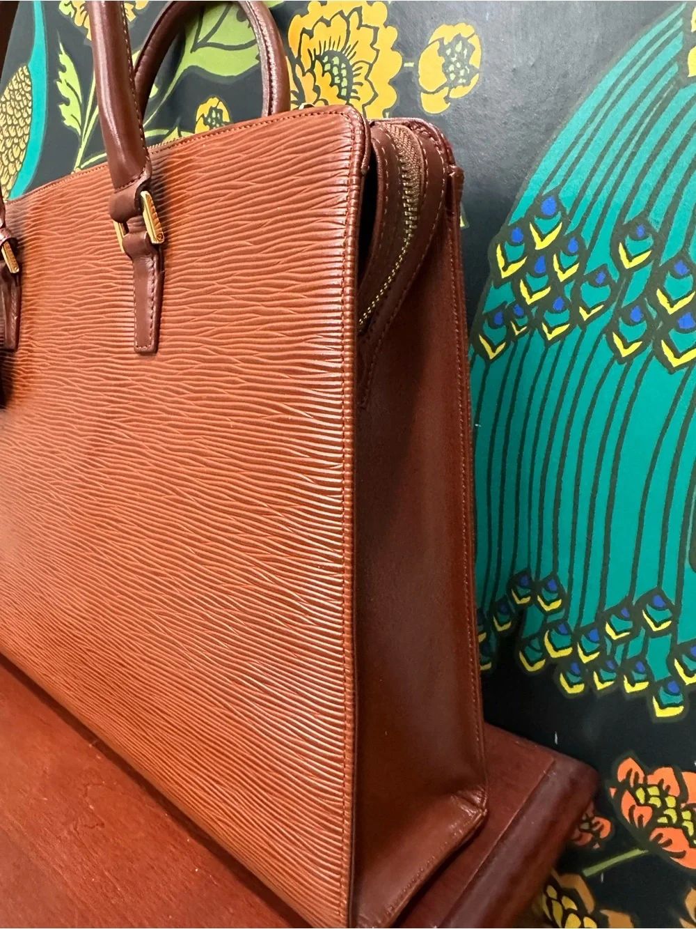 Valentino Garavani Chestnut Brown Textured Leather Laptop Tote